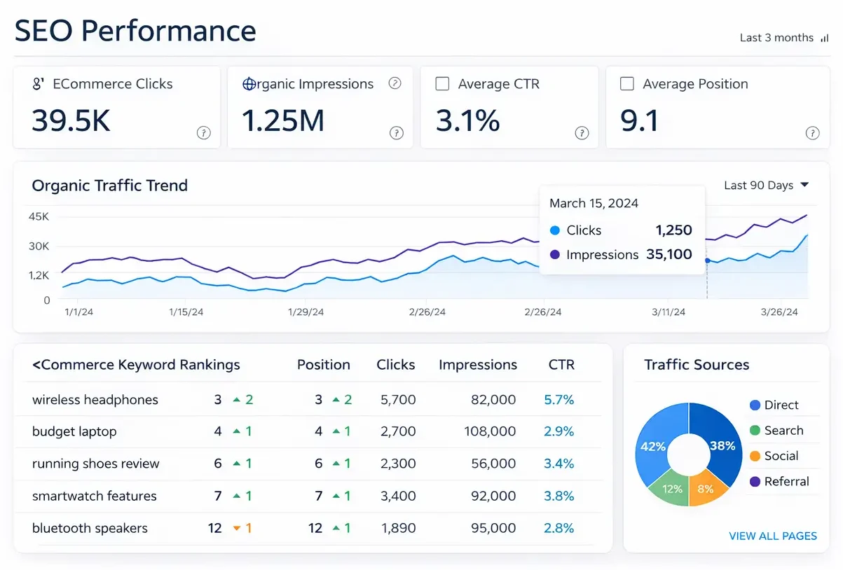 Ecommerce website analytics showing product performance