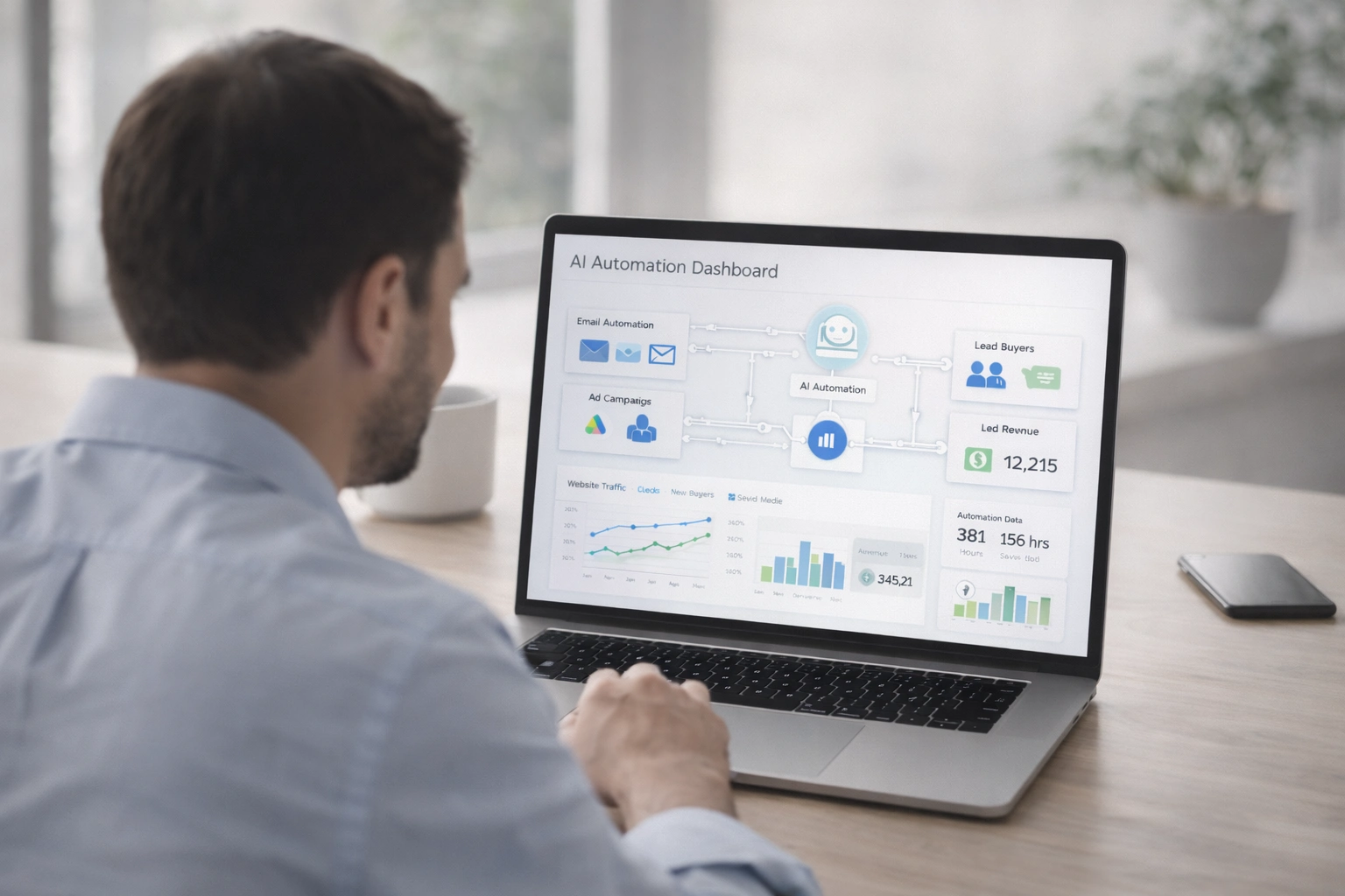 Business owner reviewing AI marketing dashboard