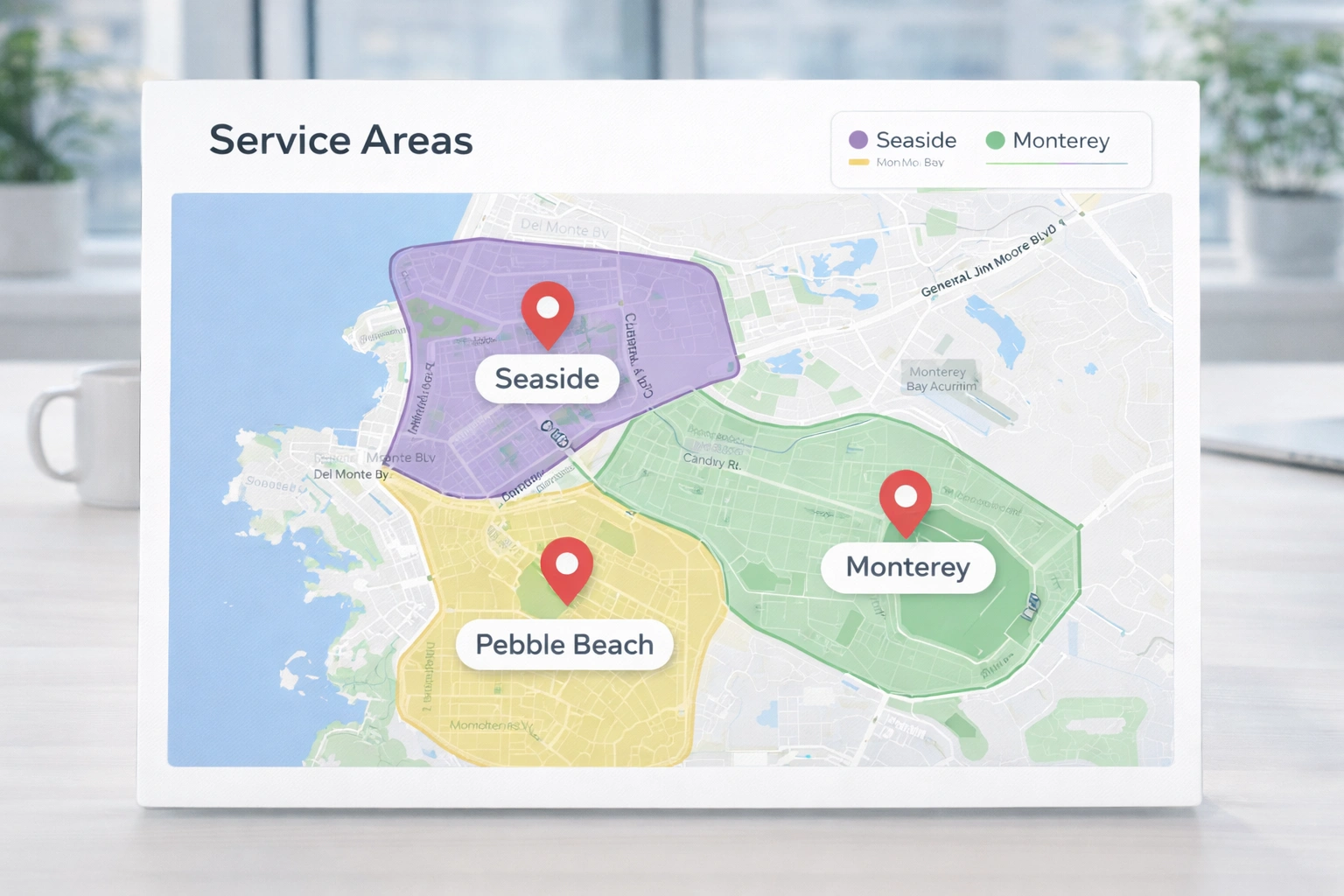 Map showing multiple service area locations
