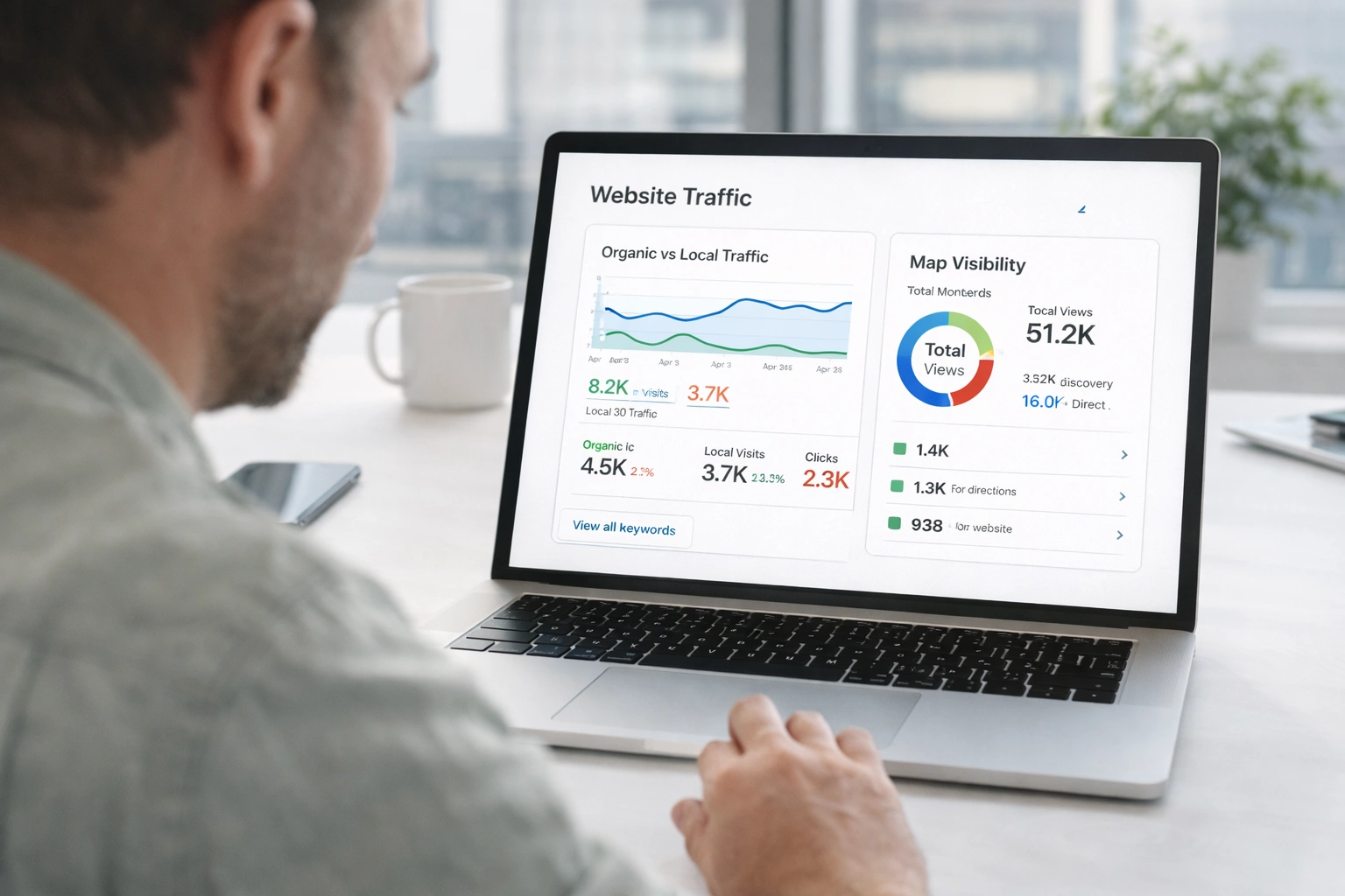 business owner looking at analytics laptop