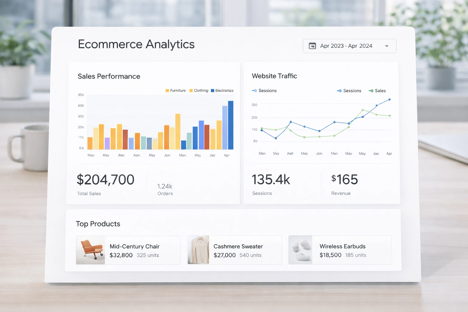Ecommerce analytics dashboard showing product performance and traffic